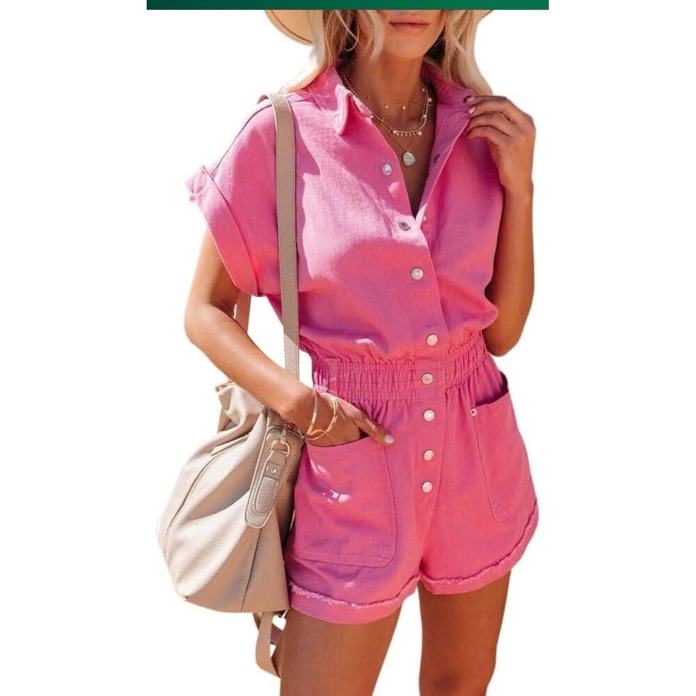 NEW Utility Romper Size MEDIUM Elastic Waist Button Down Cotton Pink Jumpsuit